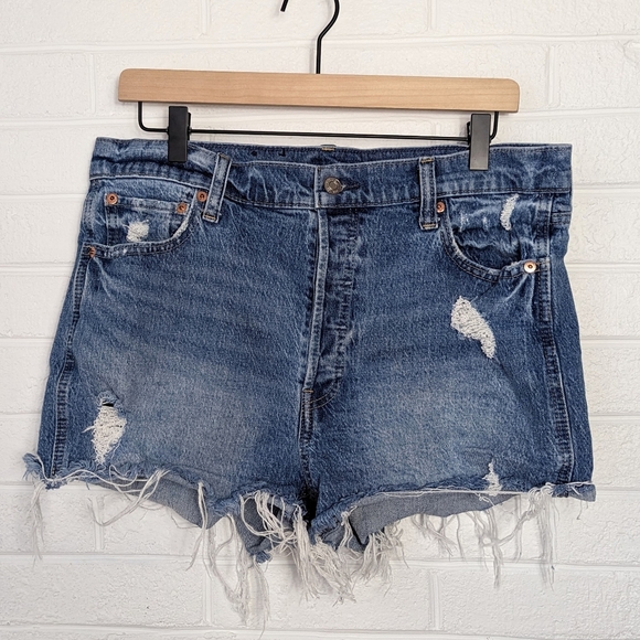 Gap High Rise Cheeky Distressed Medium Wash Denim Shorts - Picture 3 of 7